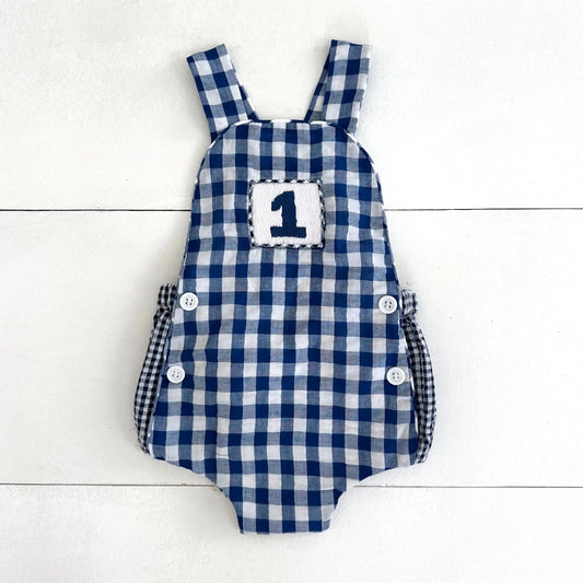 Navy Blue Smocked First Birthday Sunsuit - Latchkey 