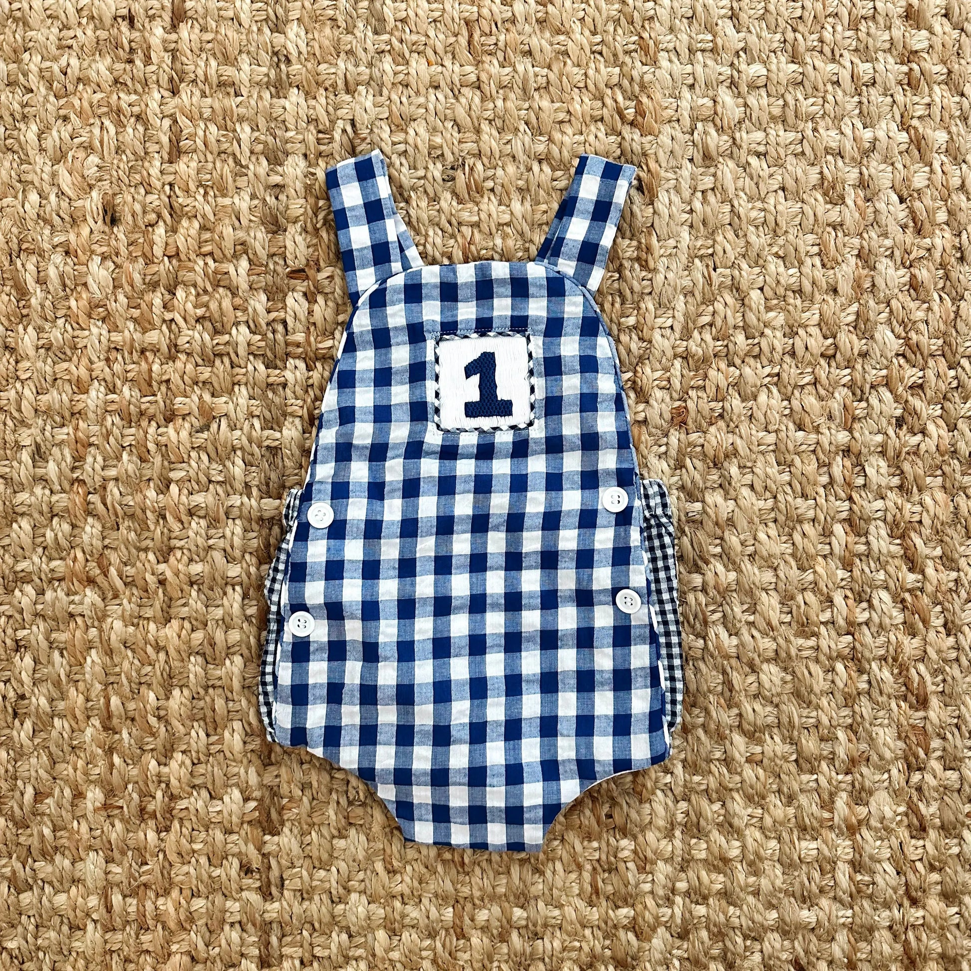 Navy Blue Smocked First Birthday Sunsuit - Latchkey 