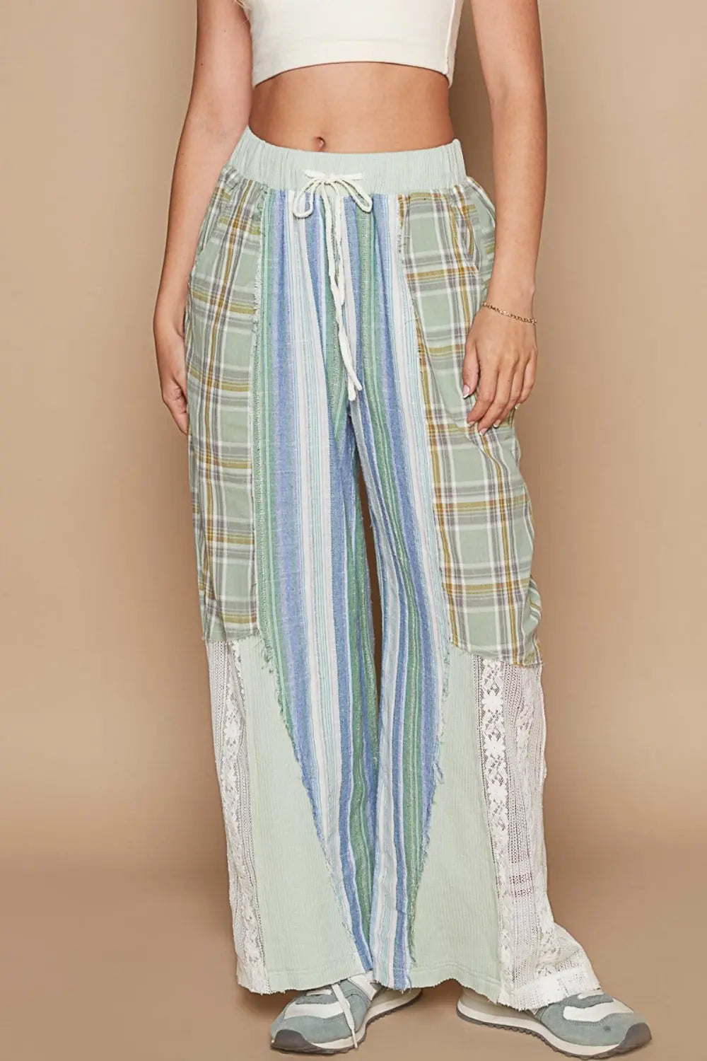 POL Drawstring Plaid Print Lace Straight Pants Trendsi