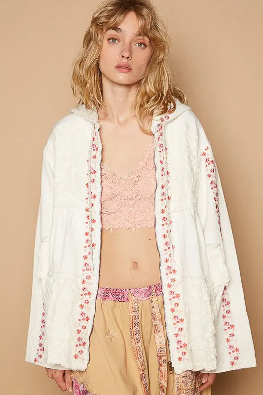 POL Embroidered Lace Patch Zip Up Hooded Jacket Trendsi