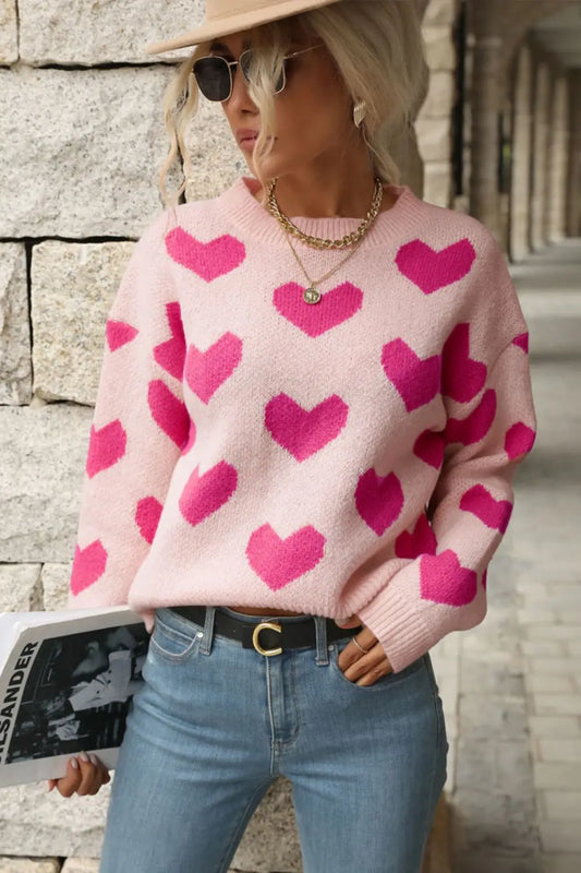 Perfee Heart Pattern Dropped Shoulder Sweater Trendsi