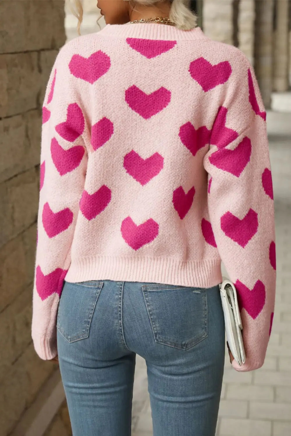 Perfee Heart Pattern Dropped Shoulder Sweater Trendsi