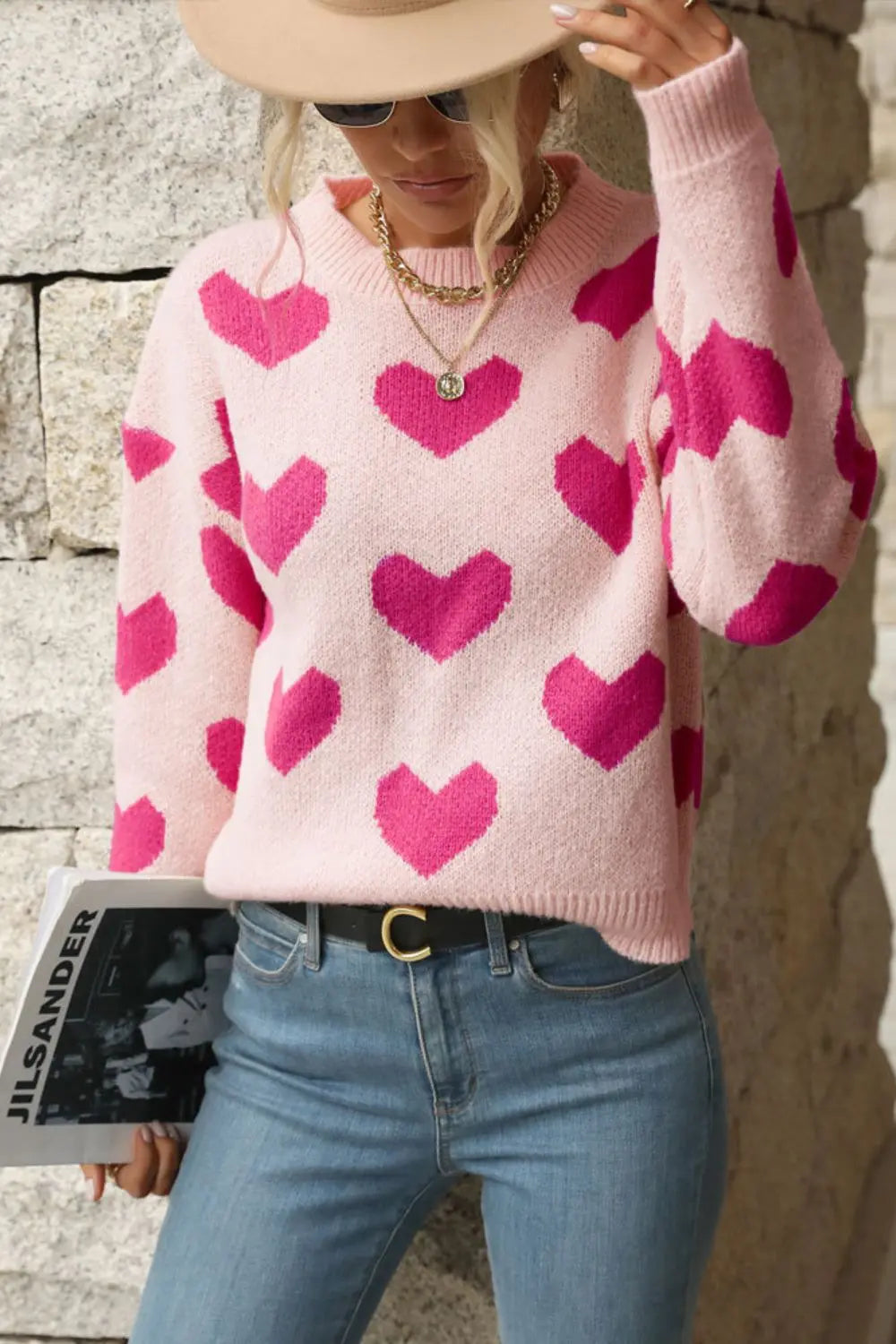 Perfee Heart Pattern Dropped Shoulder Sweater Trendsi