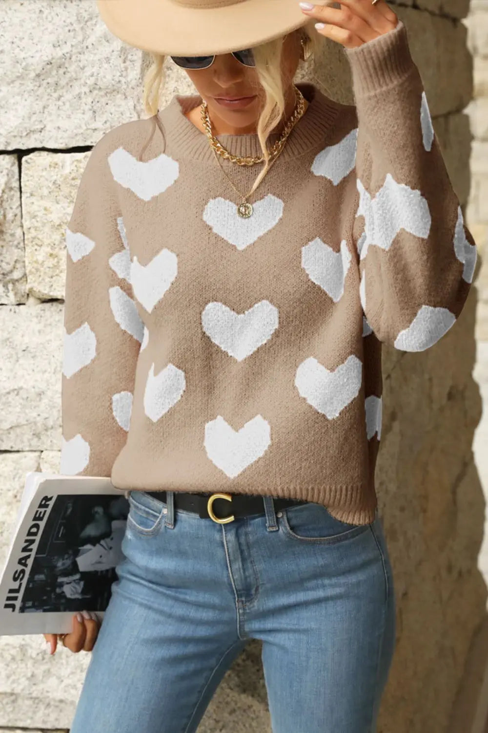 Perfee Heart Pattern Dropped Shoulder Sweater Trendsi