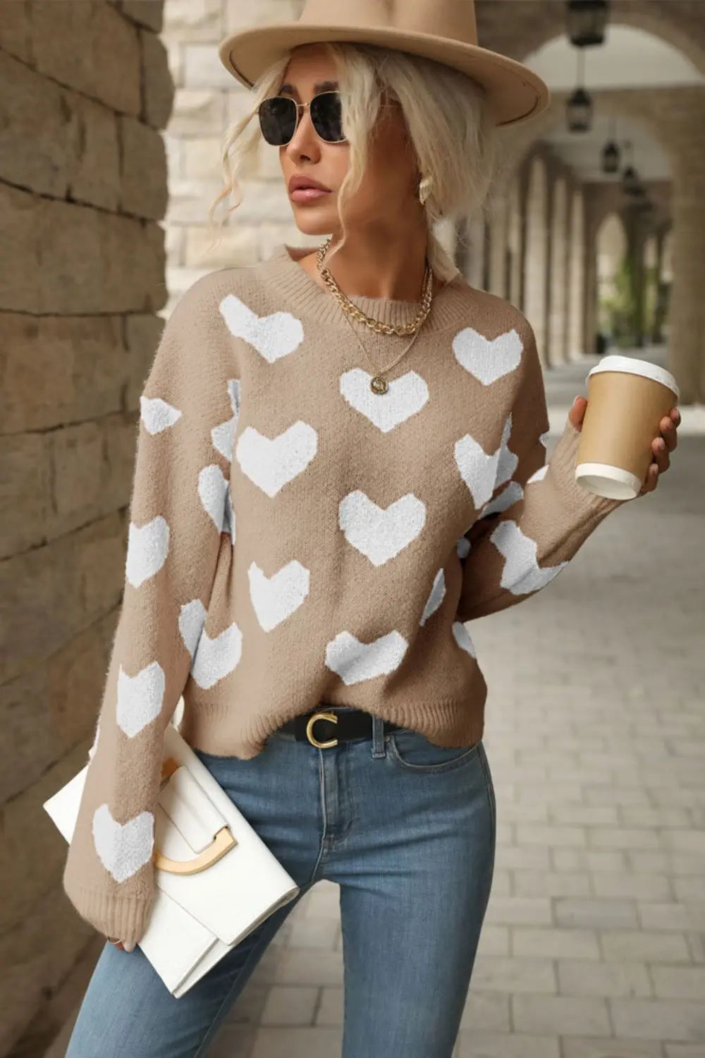 Perfee Heart Pattern Dropped Shoulder Sweater Trendsi