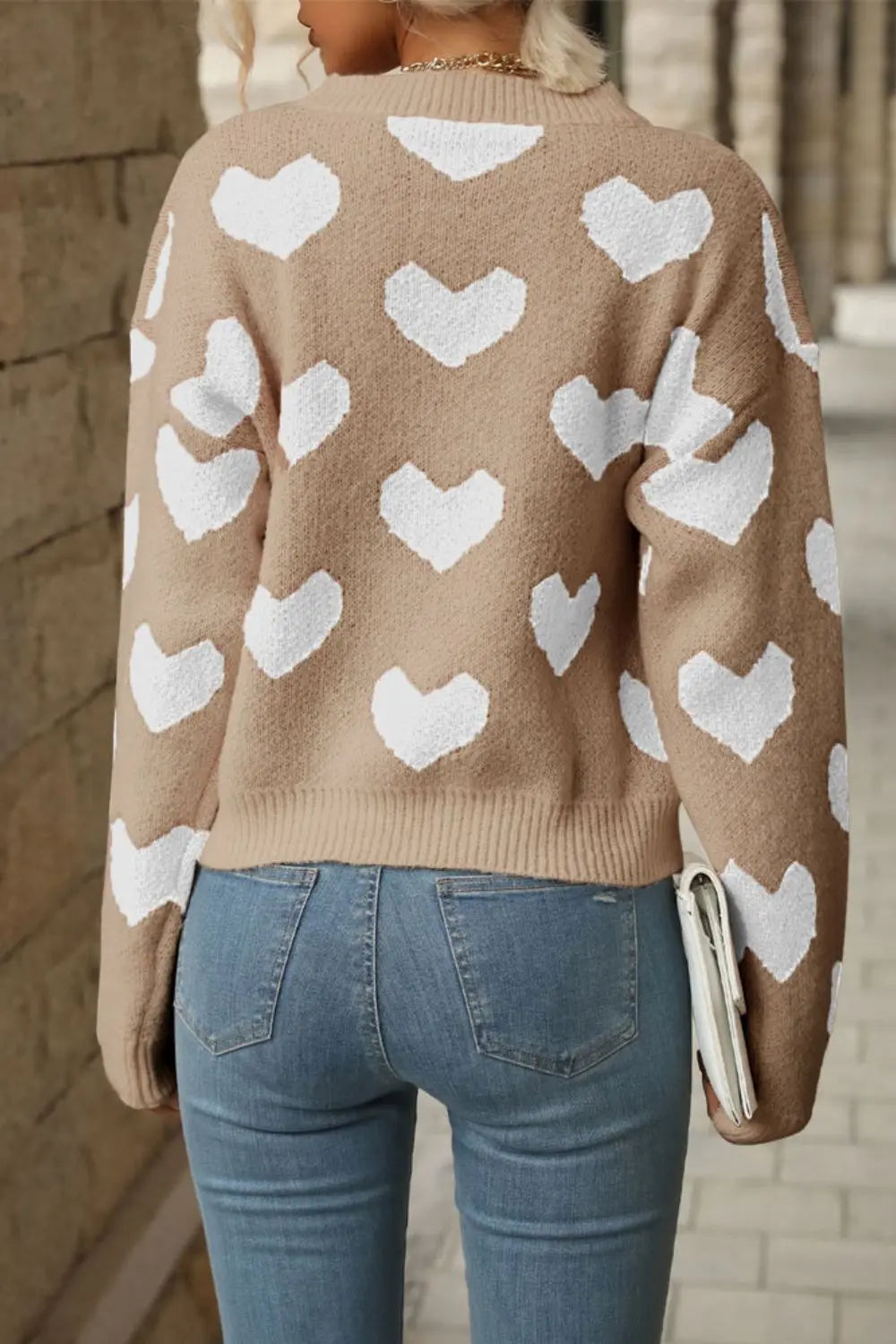 Perfee Heart Pattern Dropped Shoulder Sweater Trendsi