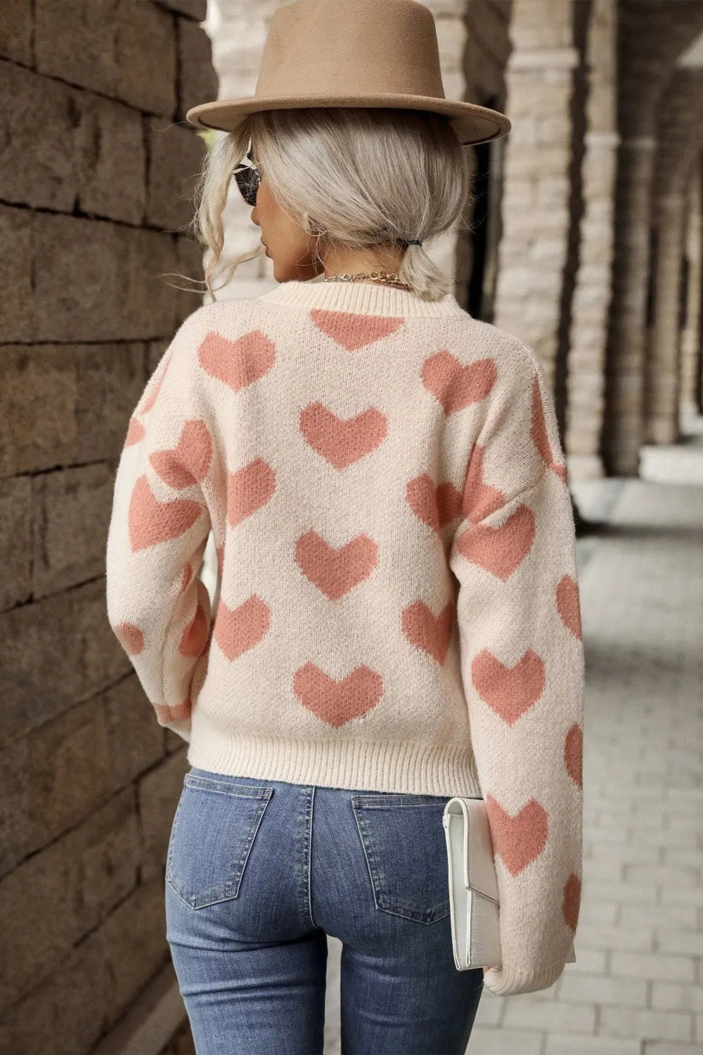 Perfee Heart Pattern Dropped Shoulder Sweater Trendsi