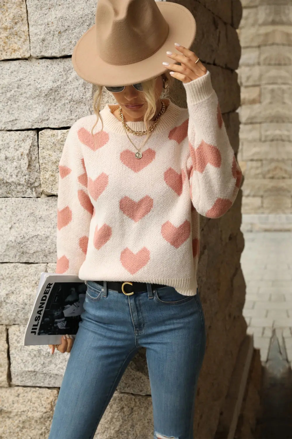 Perfee Heart Pattern Dropped Shoulder Sweater Trendsi