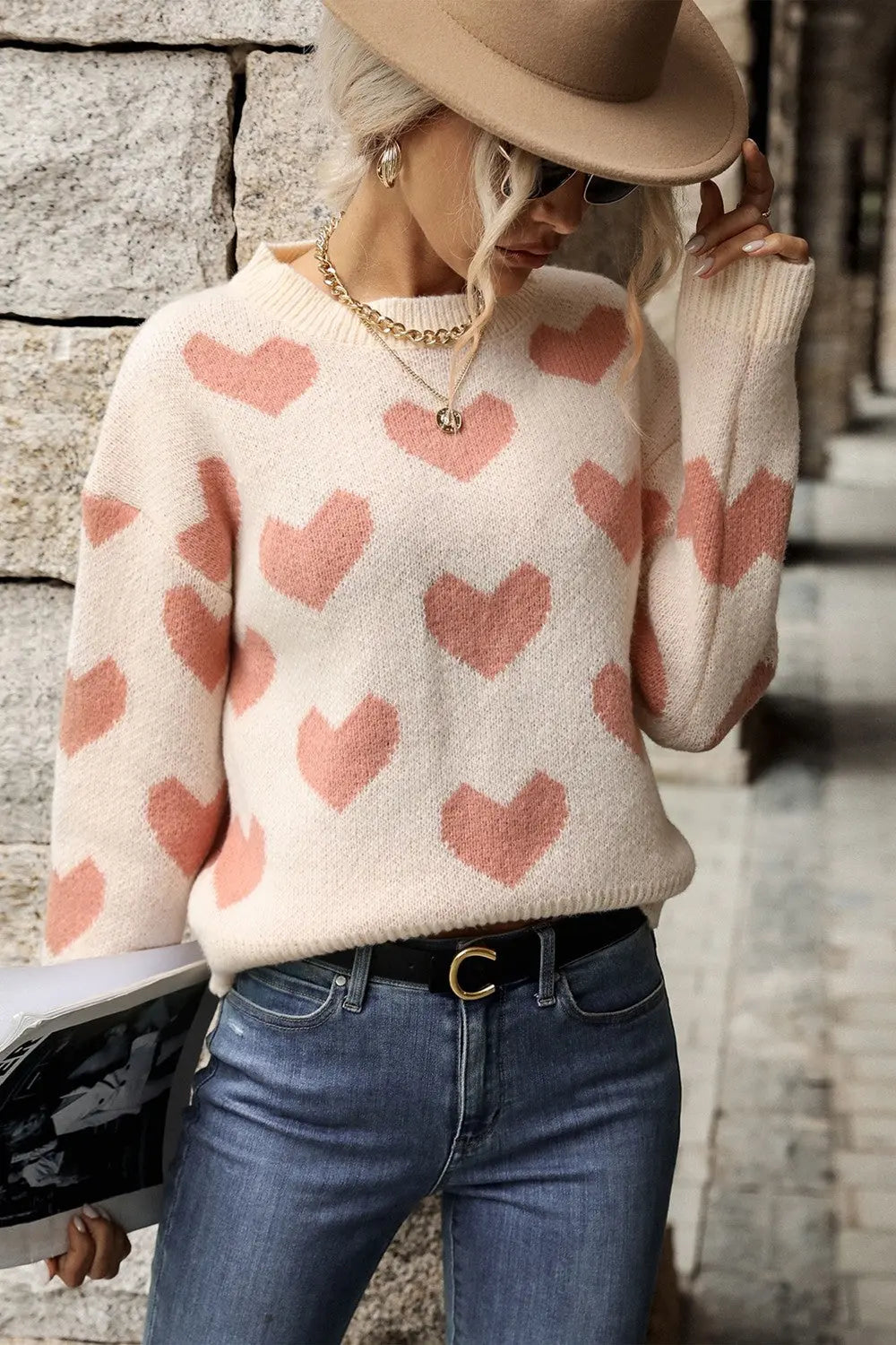 Perfee Heart Pattern Dropped Shoulder Sweater Trendsi