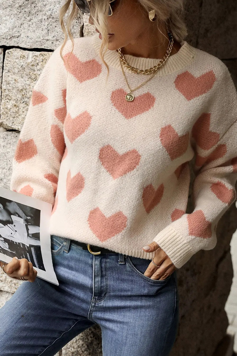 Perfee Heart Pattern Dropped Shoulder Sweater Trendsi