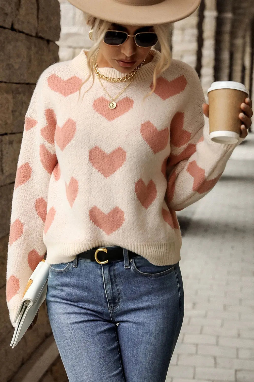 Perfee Heart Pattern Dropped Shoulder Sweater Trendsi