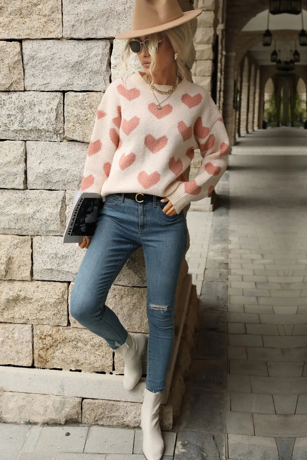 Perfee Heart Pattern Dropped Shoulder Sweater Trendsi