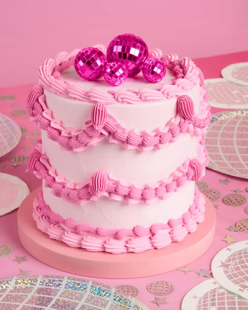 Pink Disco Topper - 4 disco ball cake toppers xo, Fetti