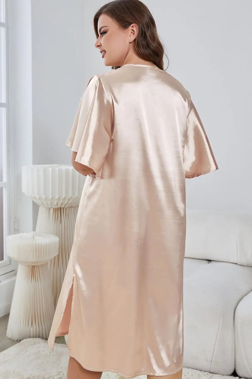 Plus Size Flutter Sleeve V-Neck Side Slit Night Gown Trendsi