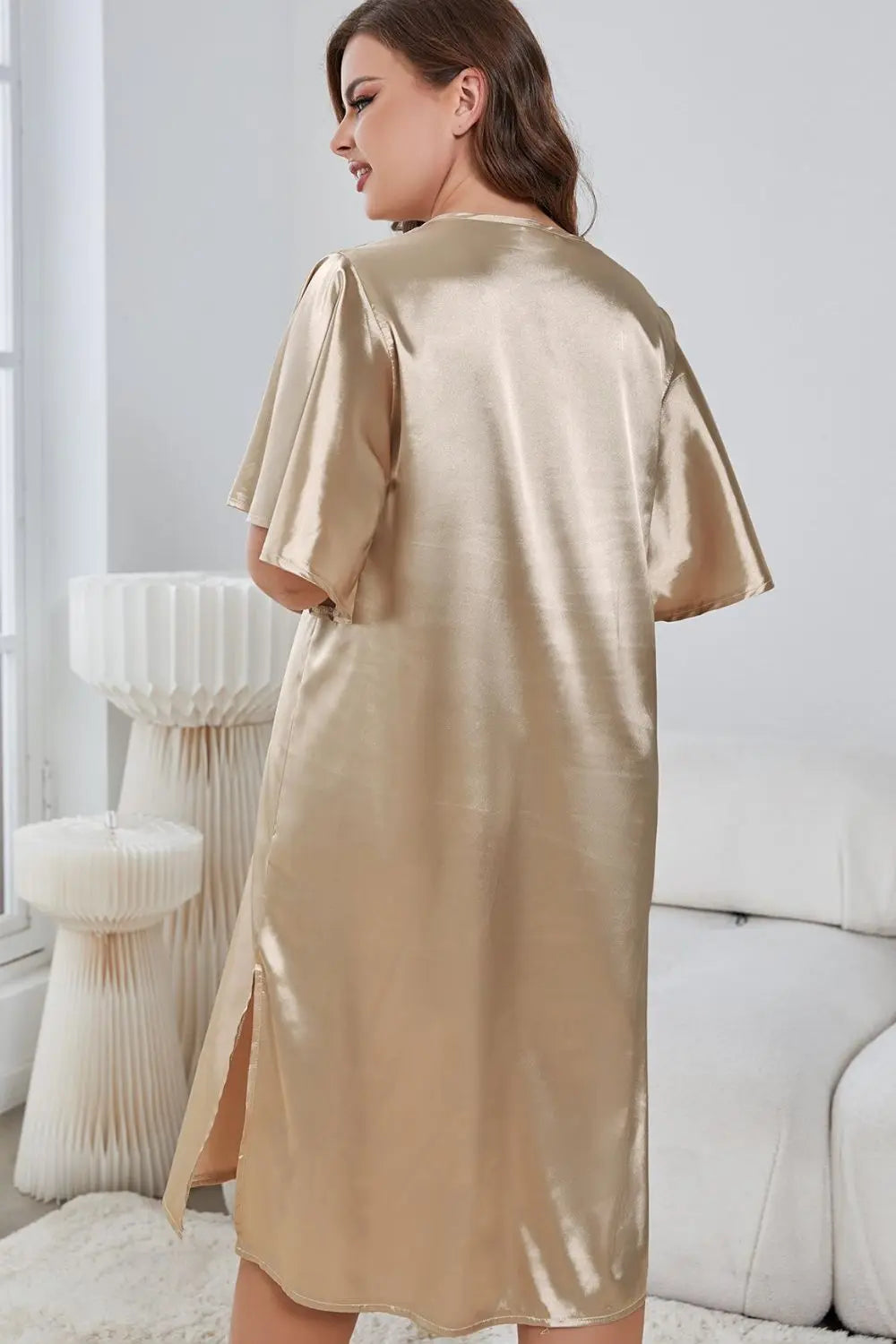 Plus Size Flutter Sleeve V-Neck Side Slit Night Gown Trendsi
