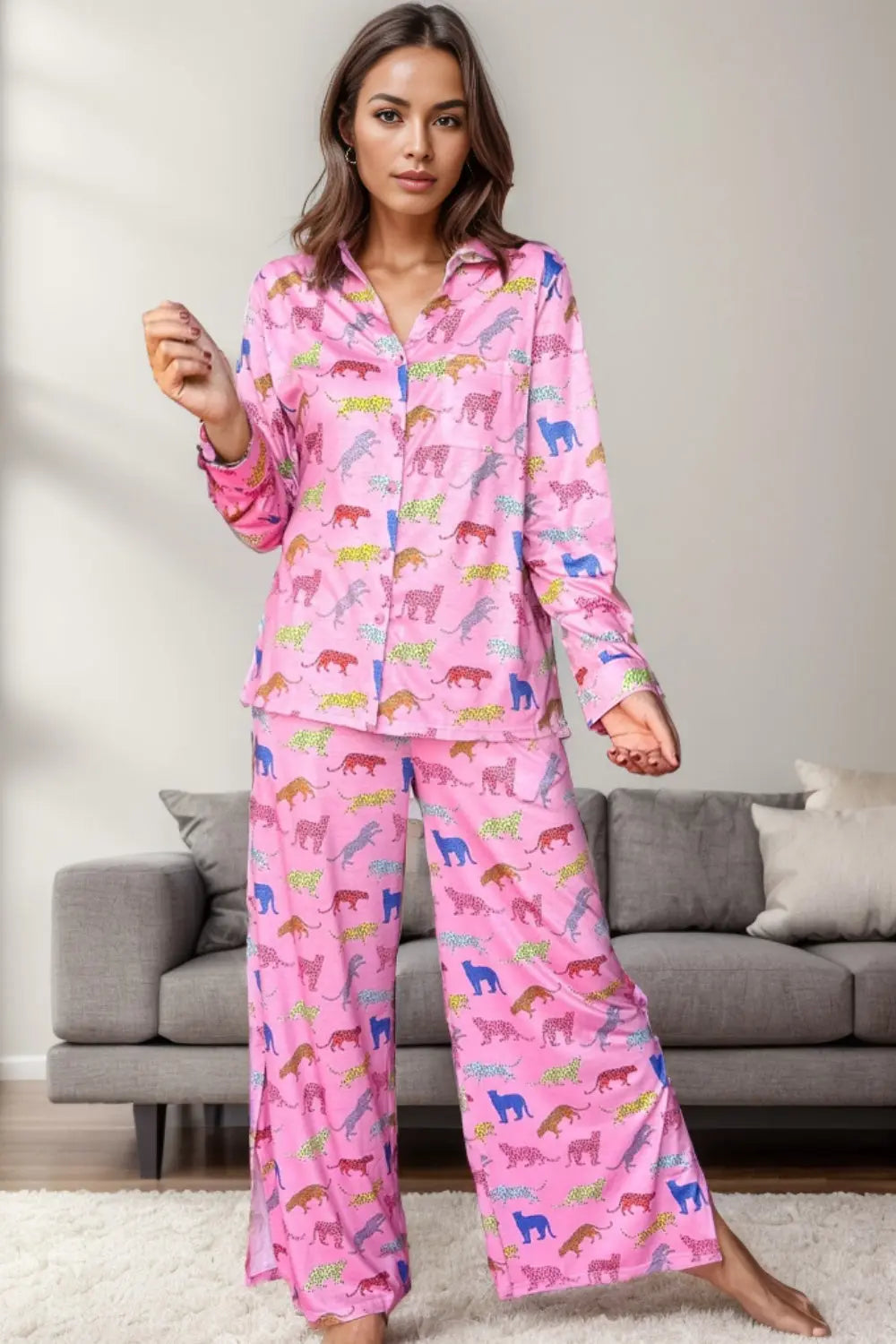 Pocketed Printed Top and Pants Lounge Set Trendsi