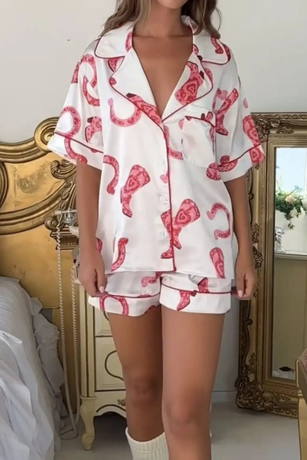 Printed Button Up Top and Shorts Lounge Set Trendsi