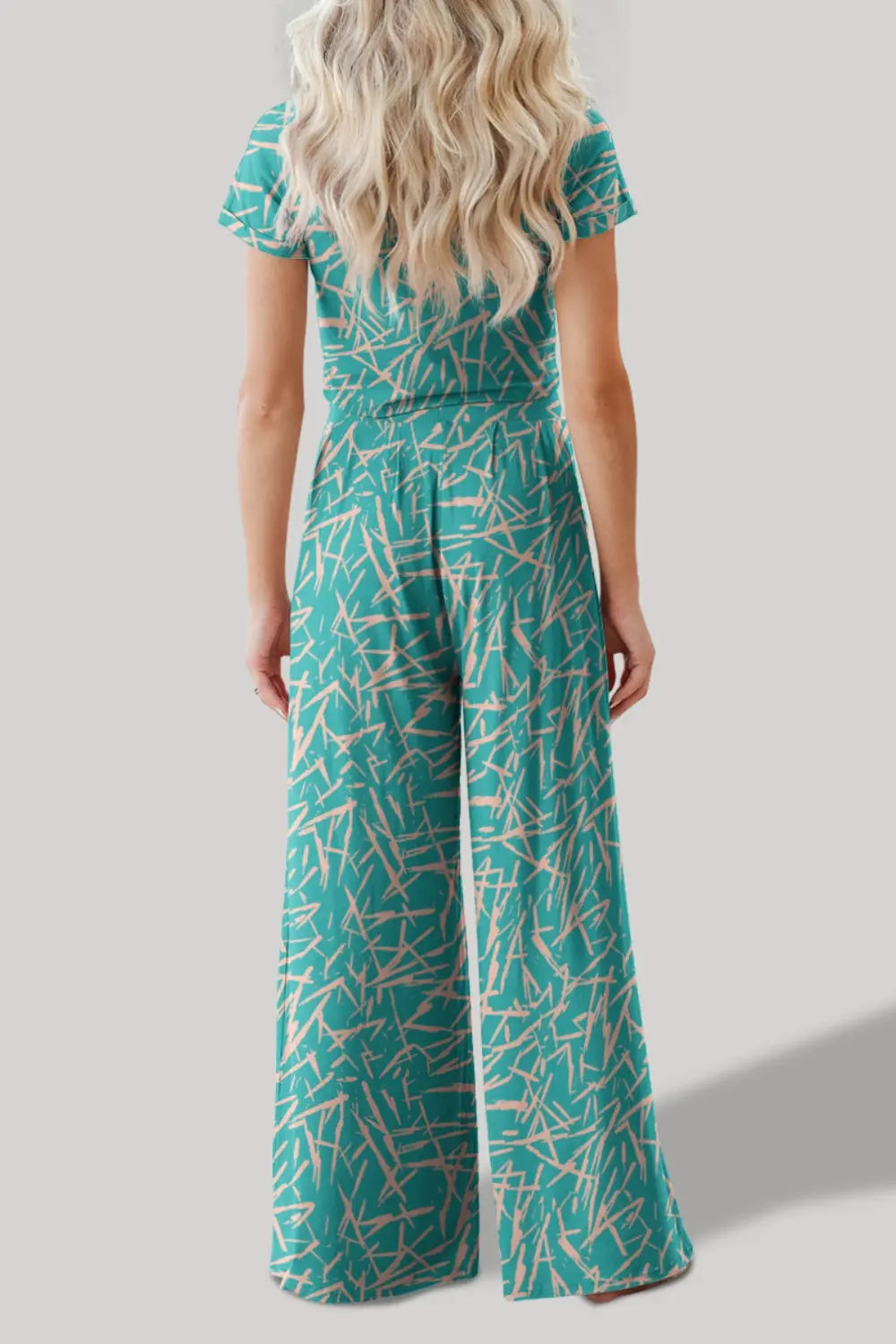 Printed Round Neck Short Sleeve Top and Pants Set Trendsi