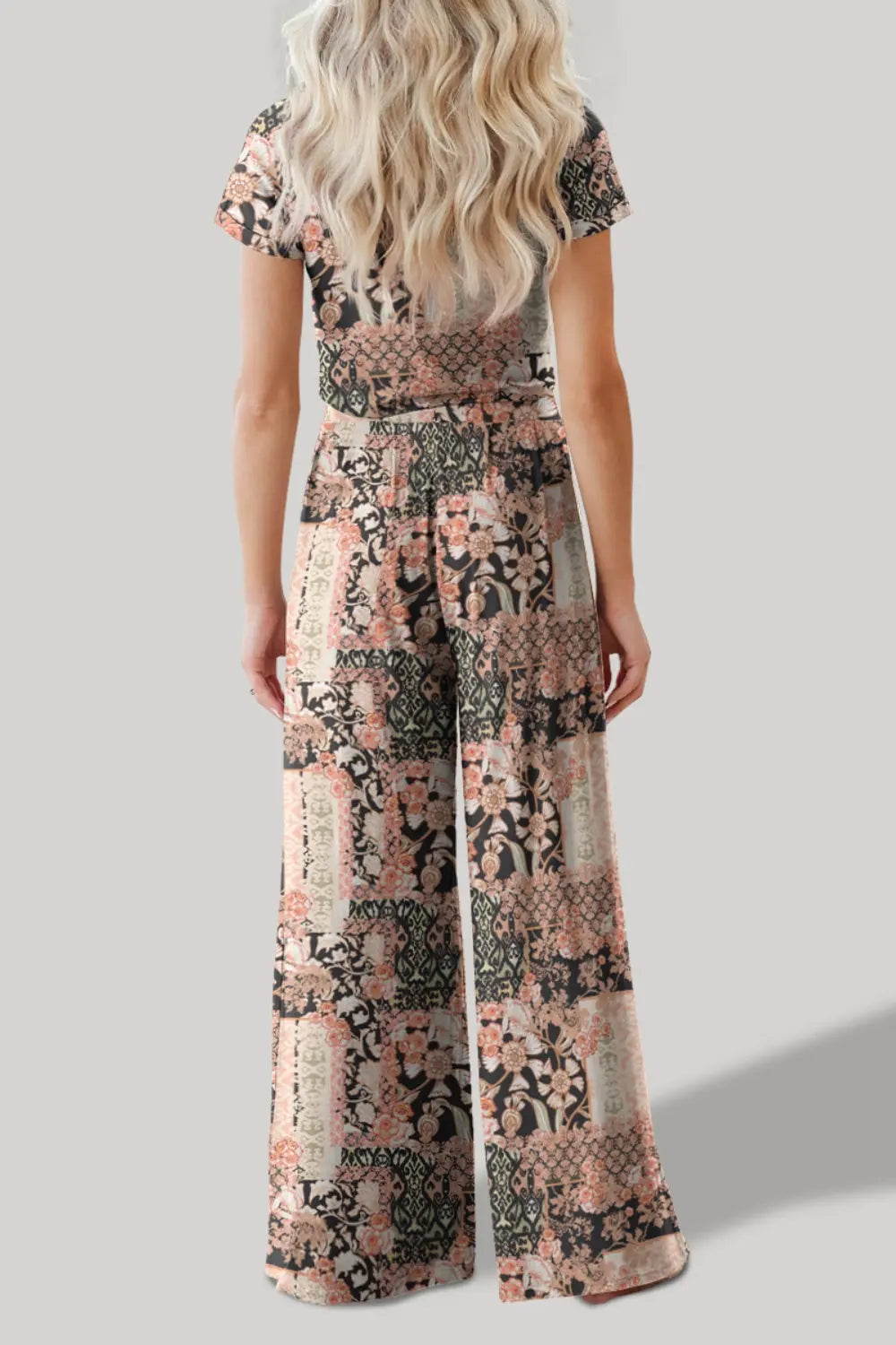 Printed Round Neck Short Sleeve Top and Pants Set Trendsi