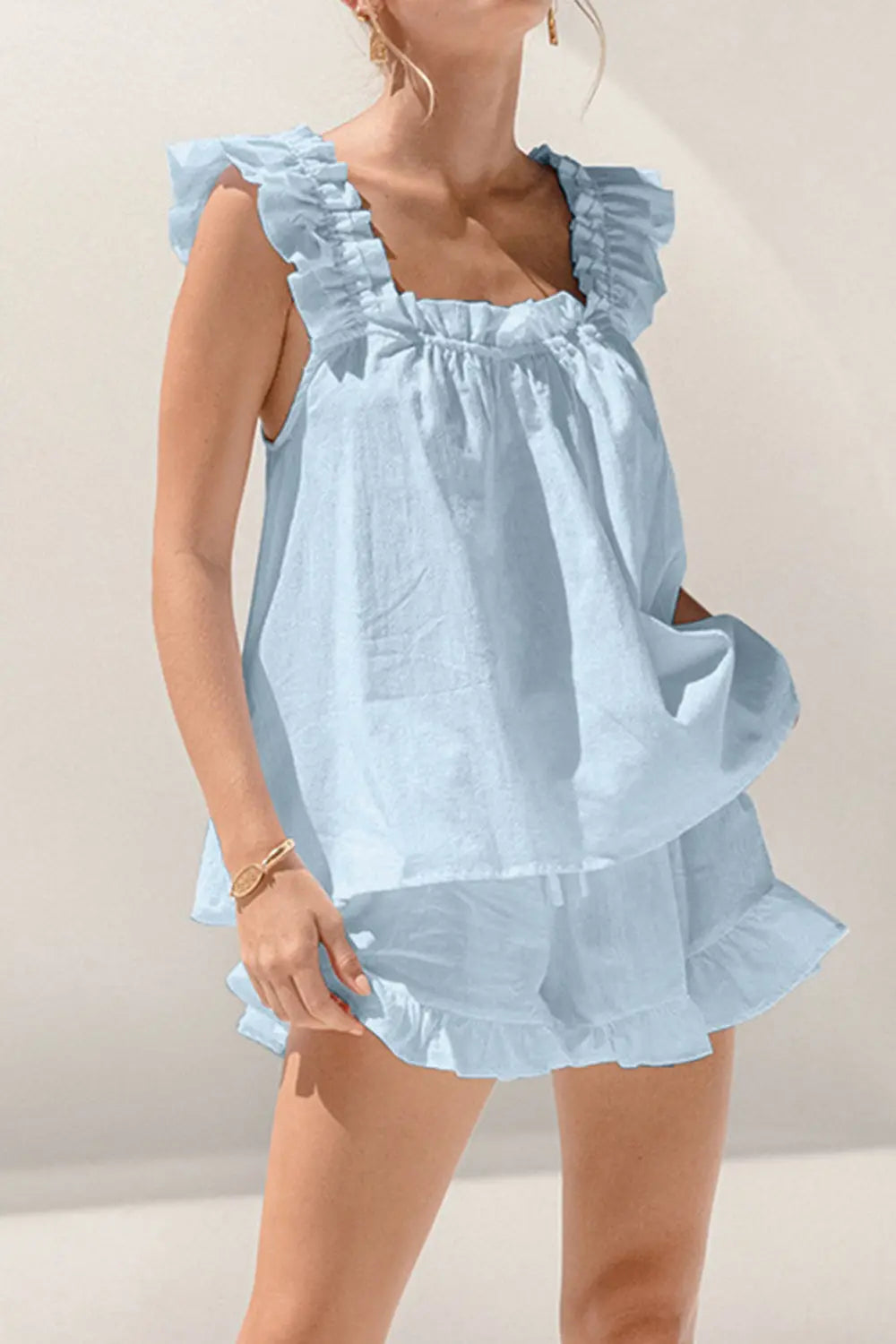 Ruffled Square Neck Top and Shorts Set Trendsi