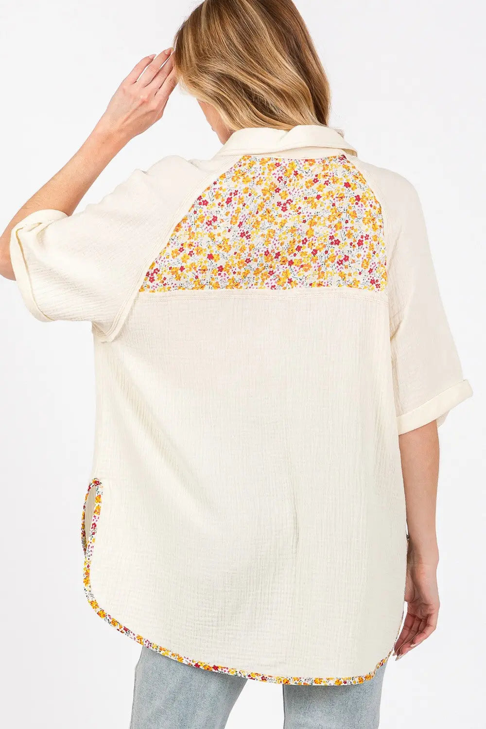 SAGE + FIG Full Size Floral Detail Button Up Short Sleeve Shirt Trendsi