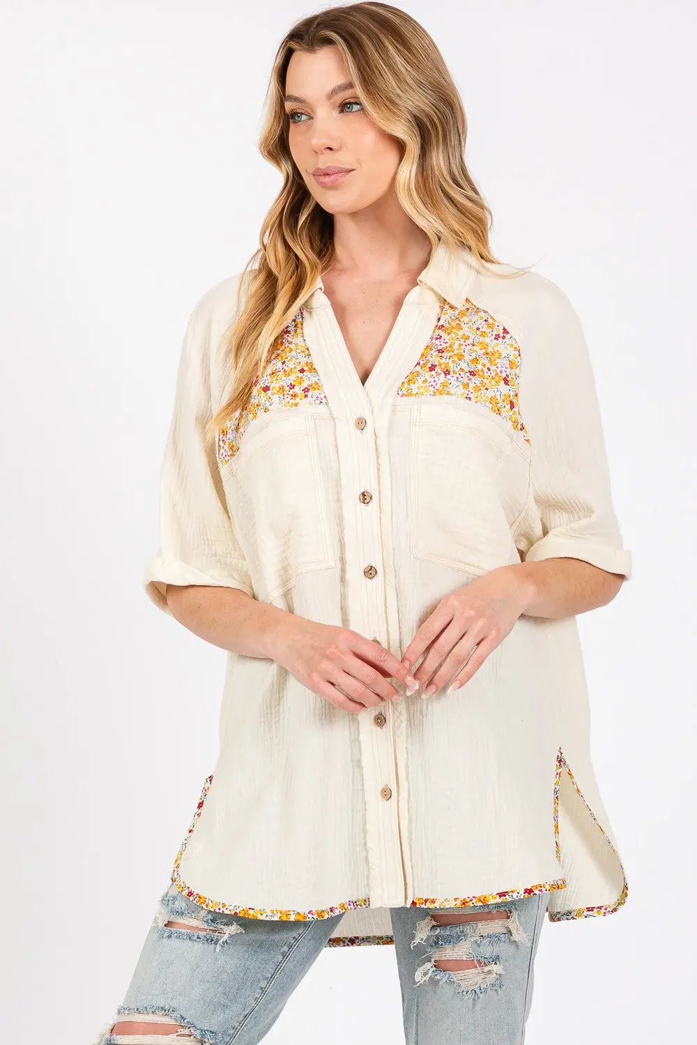 SAGE + FIG Full Size Floral Detail Button Up Short Sleeve Shirt Trendsi