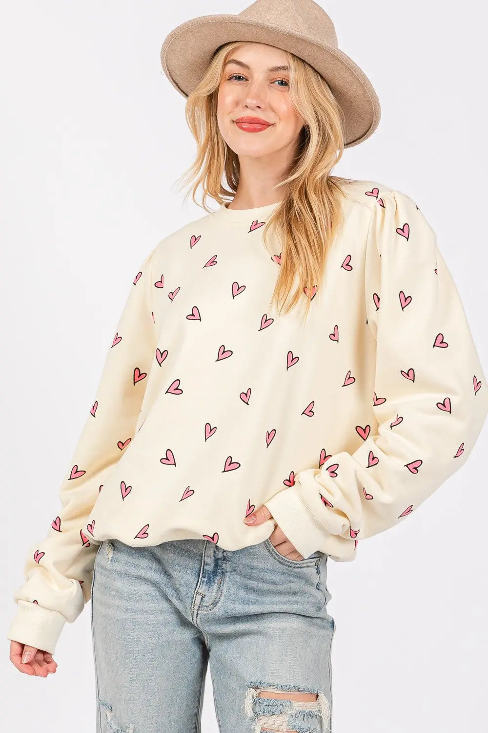 SAGE + FIG Heart Printed Contrast Long Sleeve Sweatshirt Trendsi