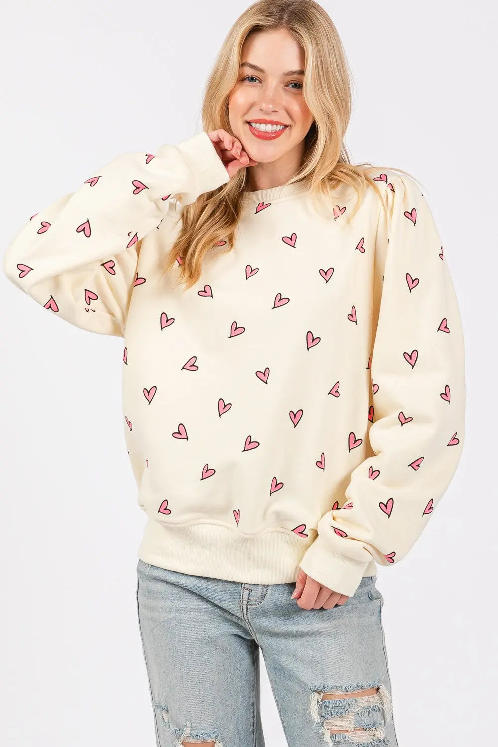 SAGE + FIG Heart Printed Contrast Long Sleeve Sweatshirt Trendsi