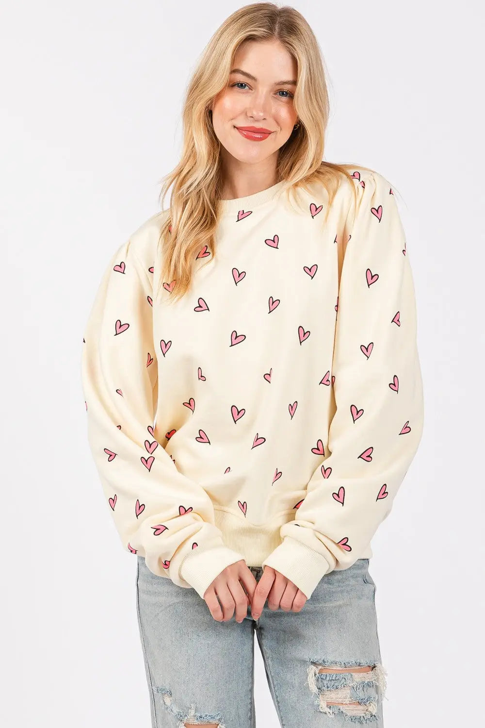 SAGE + FIG Heart Printed Contrast Long Sleeve Sweatshirt Trendsi