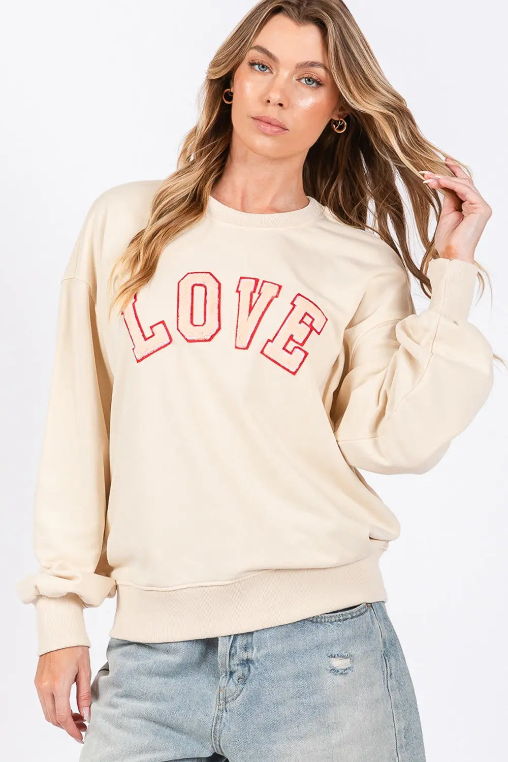 SAGE + FIG LOVE Path Applique Drop Shoulder Sweatshirt Trendsi