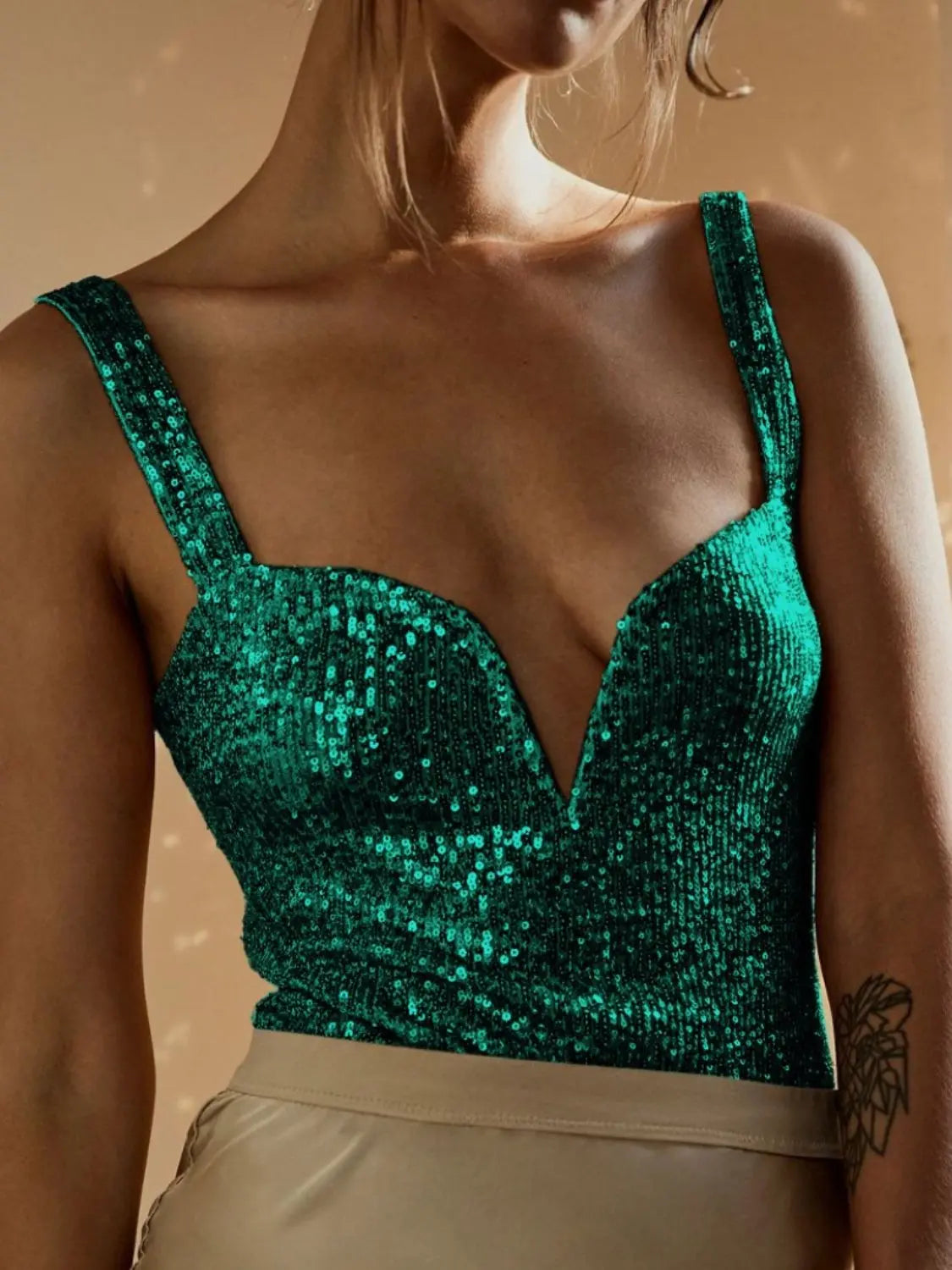 Sequin Wide Strap Bodysuit Trendsi