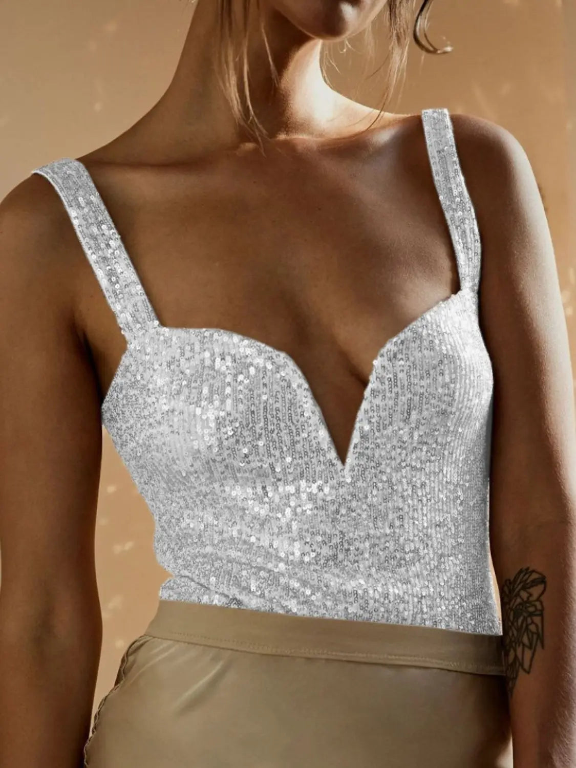 Sequin Wide Strap Bodysuit Trendsi