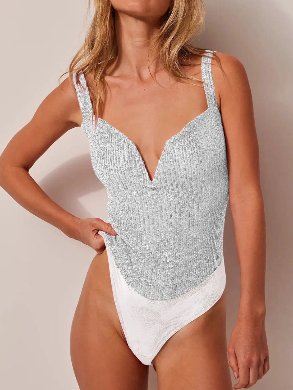 Sequin Wide Strap Bodysuit Trendsi