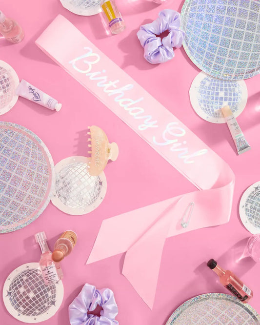 Shimmer Bday Girl Sash - pink and iridescent foil xo, Fetti