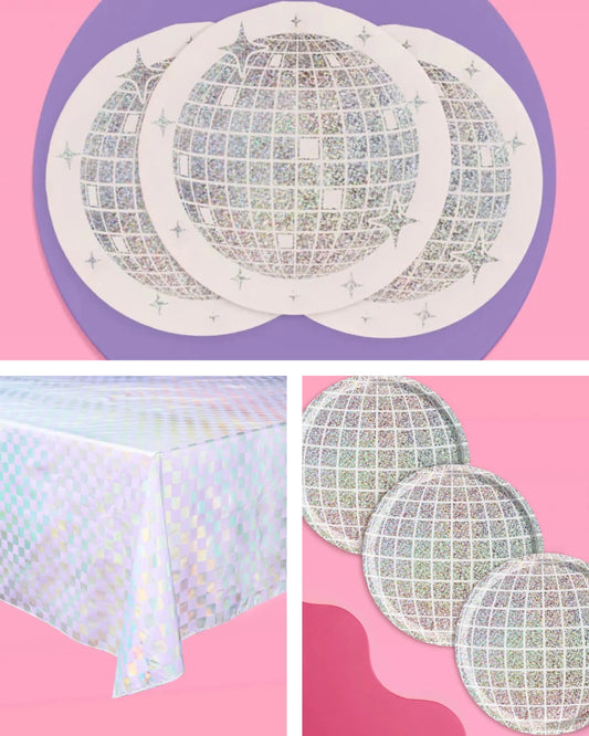 Shimmer Disco Pack - tablecloth, plates + napkins xo, Fetti