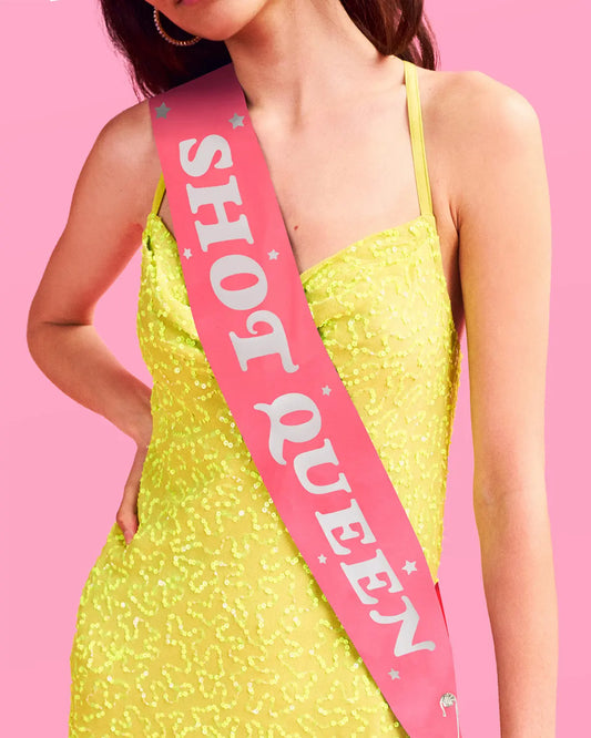 Shot Queen Sash - neon pink silk + foil xo, Fetti