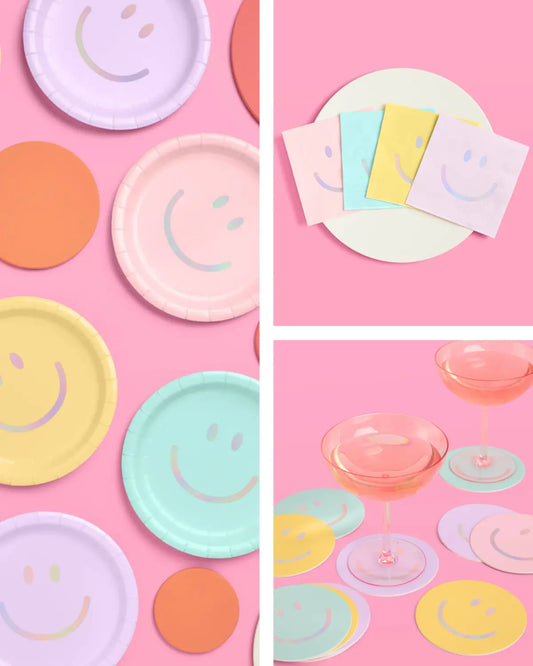 Smiley Setting Pack - plates, napkins + coasters xo, Fetti
