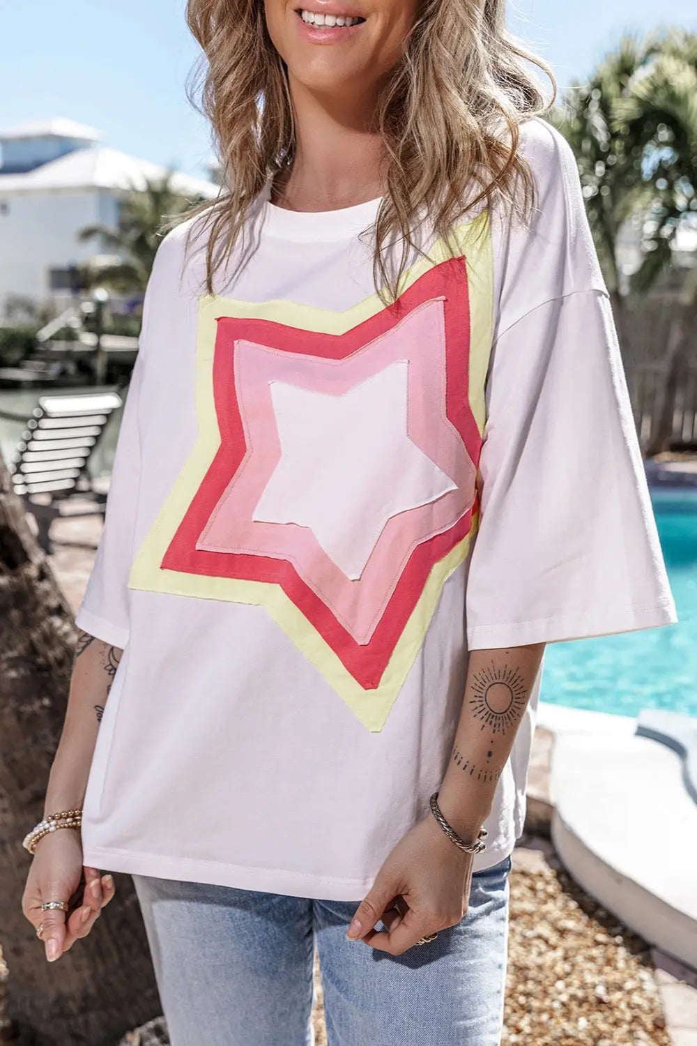 Star Round Neck Dropped Shoulder T-Shirt Trendsi