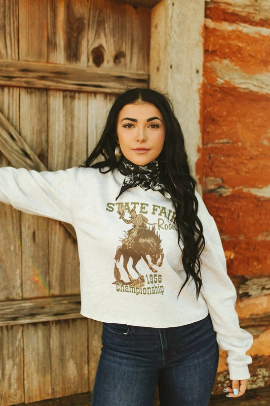 State Fair Rodeo Raw Hem V-Neck Crop Graphic Sweatshirt Wild Junkie
