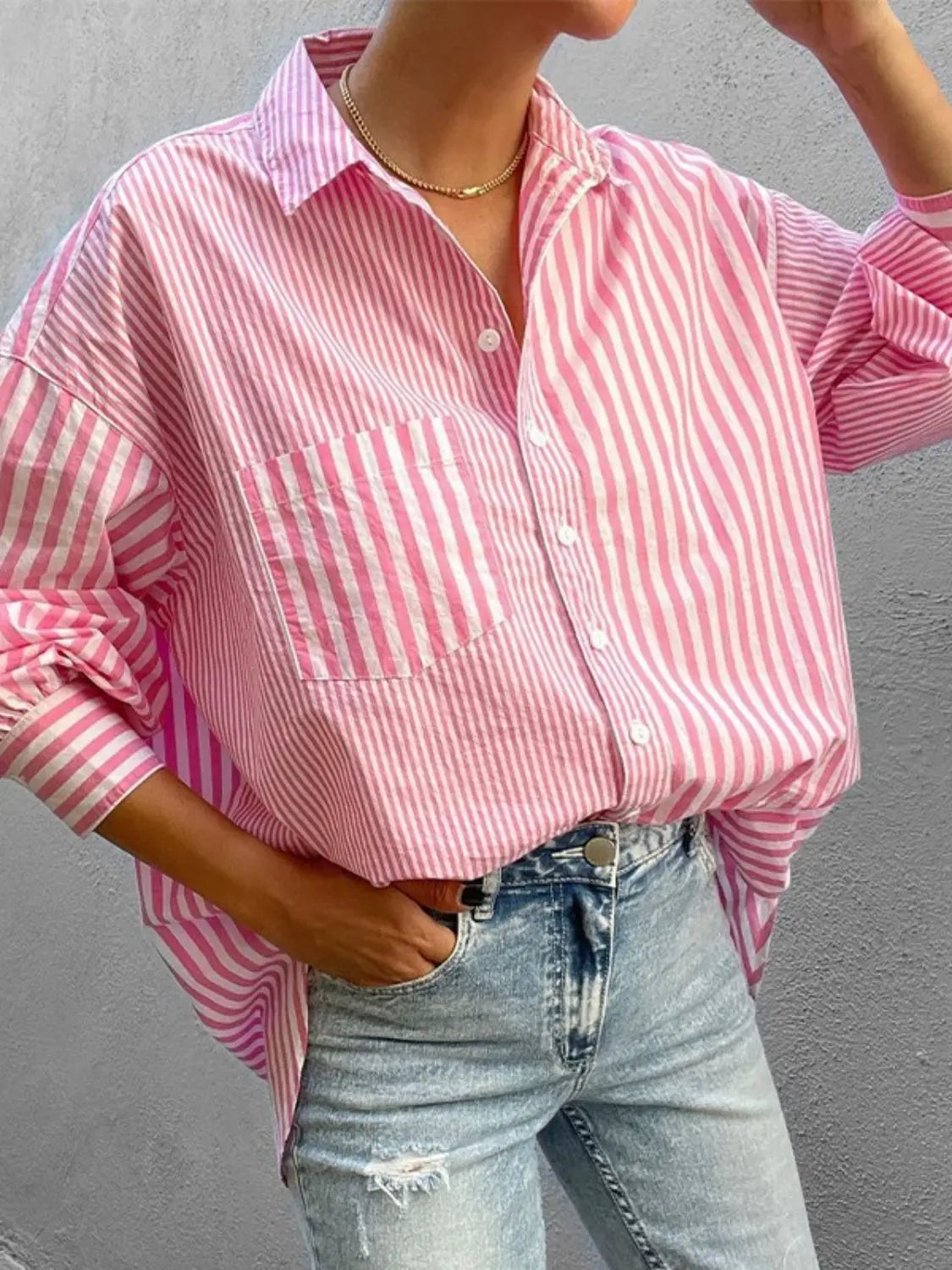 Striped Button Down Long Sleeve Shirt Trendsi