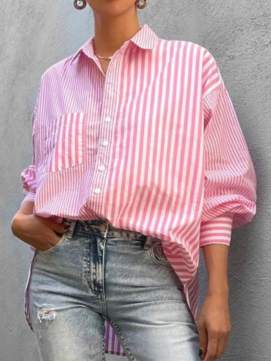 Striped Button Down Long Sleeve Shirt Trendsi