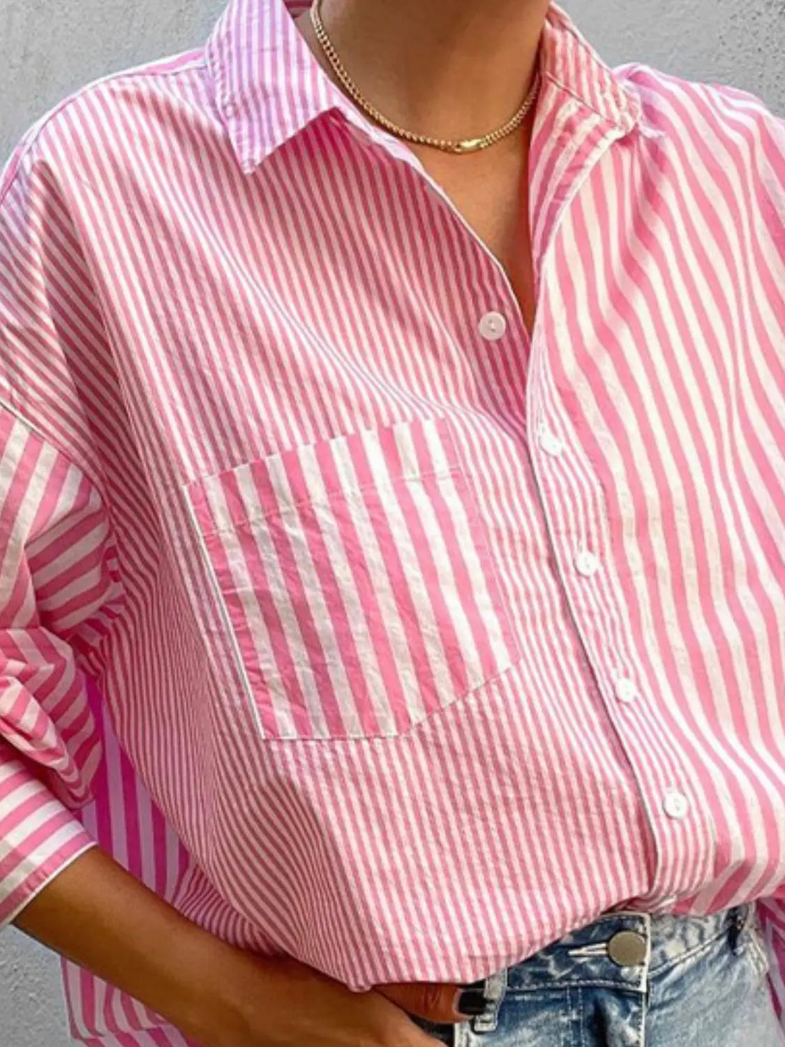 Striped Button Down Long Sleeve Shirt Trendsi