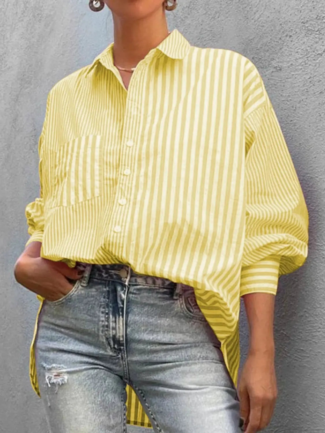 Striped Button Down Long Sleeve Shirt Trendsi