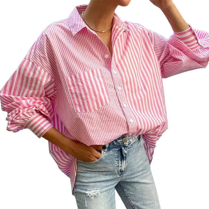 Striped Button Down Long Sleeve Shirt Trendsi