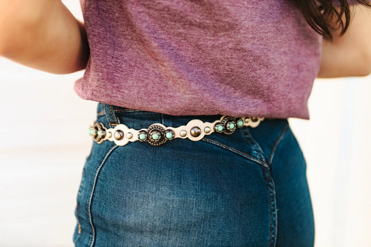 Studded Turquoise Thin Faux Leather Belt - Ivory Wild Junkie