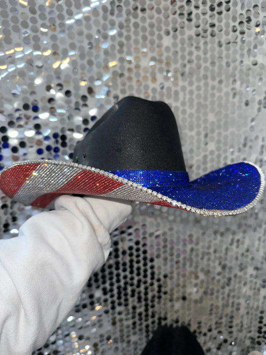 The "America" Hat in Black - Blue Rhinestones on Top Rhinestone Cowgirl