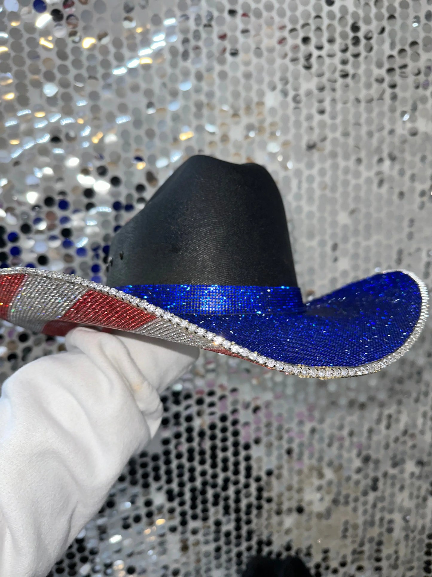 The "America" Hat in Black - Blue Rhinestones on Top Rhinestone Cowgirl