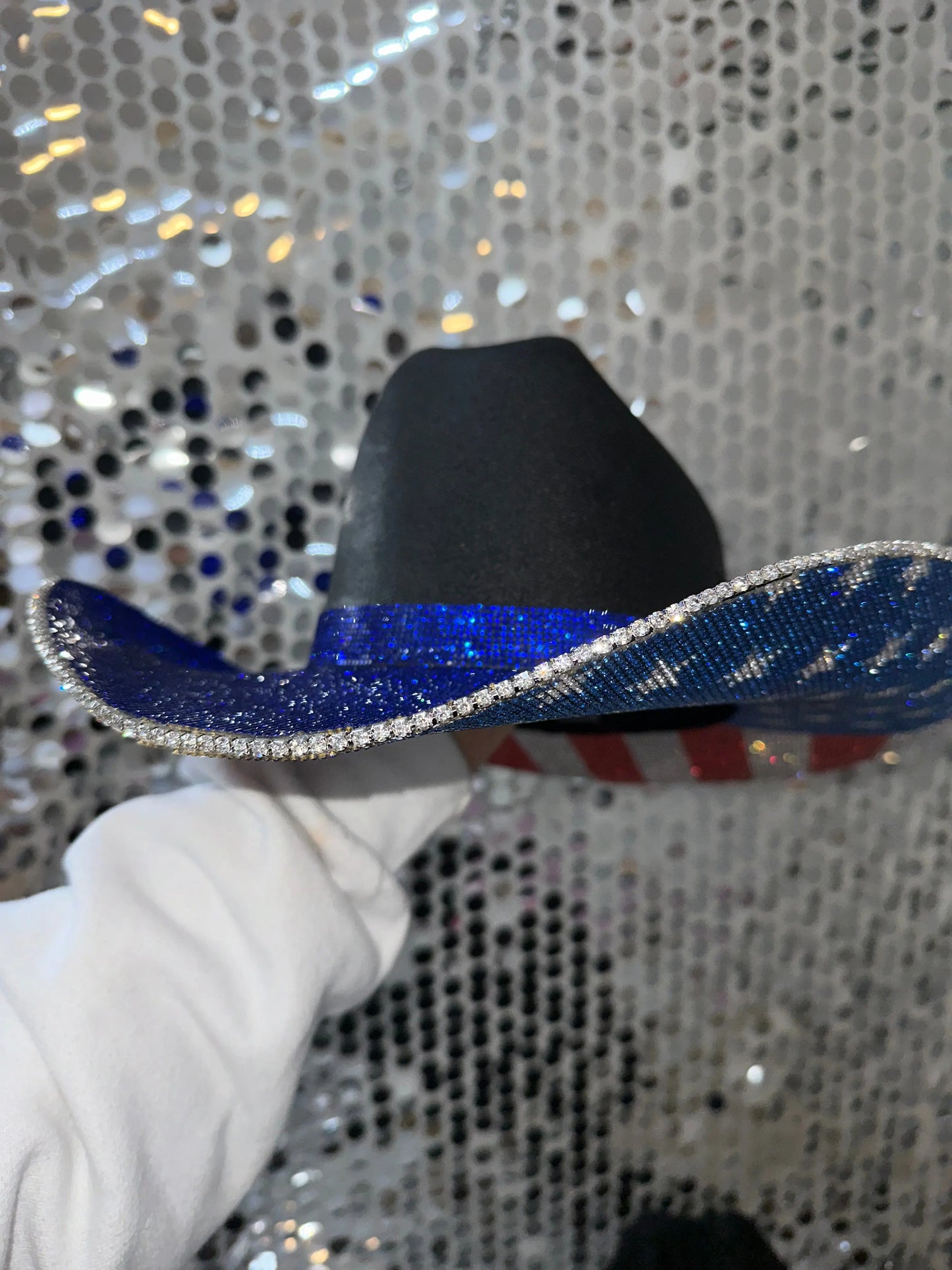 The "America" Hat in Black - Blue Rhinestones on Top Rhinestone Cowgirl