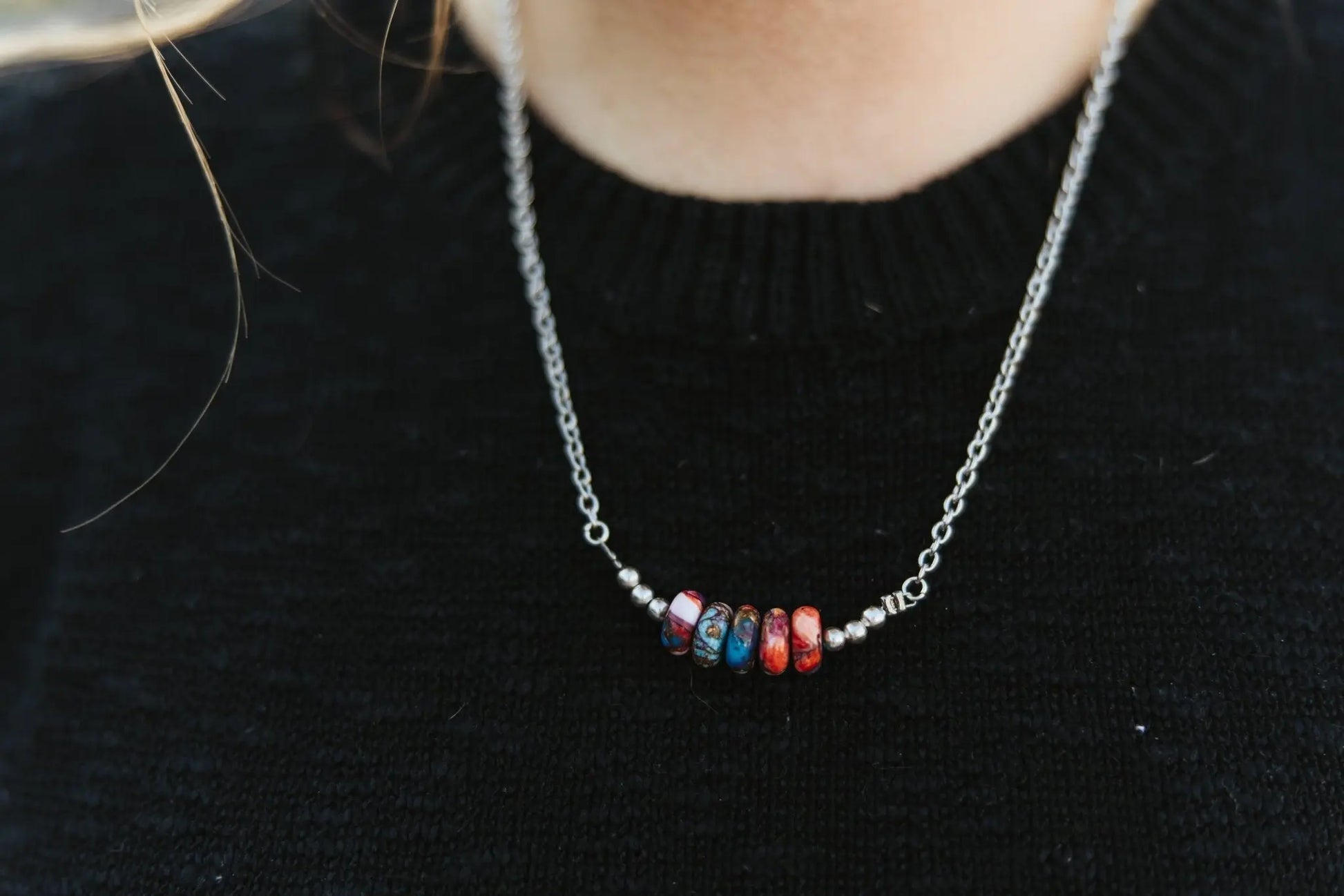 Turquoise Dahlia and Silver Beads Chain Necklace Wild Junkie