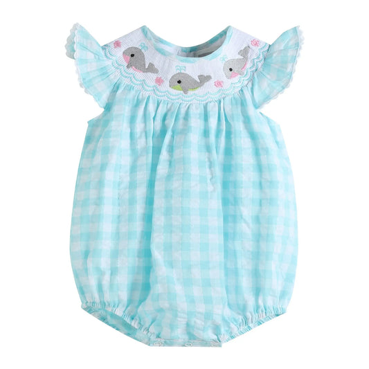 Turquoise Gingham Whale Smocked Flutter Bubble Romper Lil Cactus